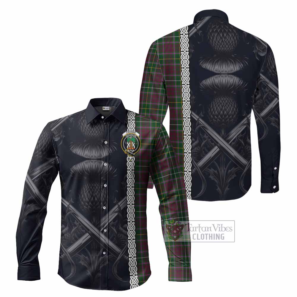 Tartan Vibes Clothing Crosbie Tartan Long Sleeve Button Shirt with Family Crest Cross Sword Thistle Celtic Vibes