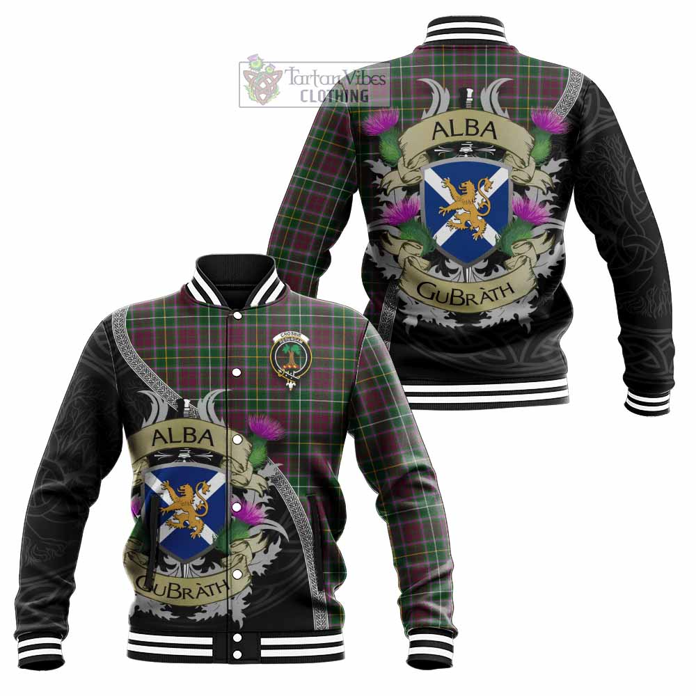 Tartan Vibes Clothing Crosbie Tartan Family Crest Baseball Jacket Lion Rampant Royal Thistle Shield Celtic Inspired