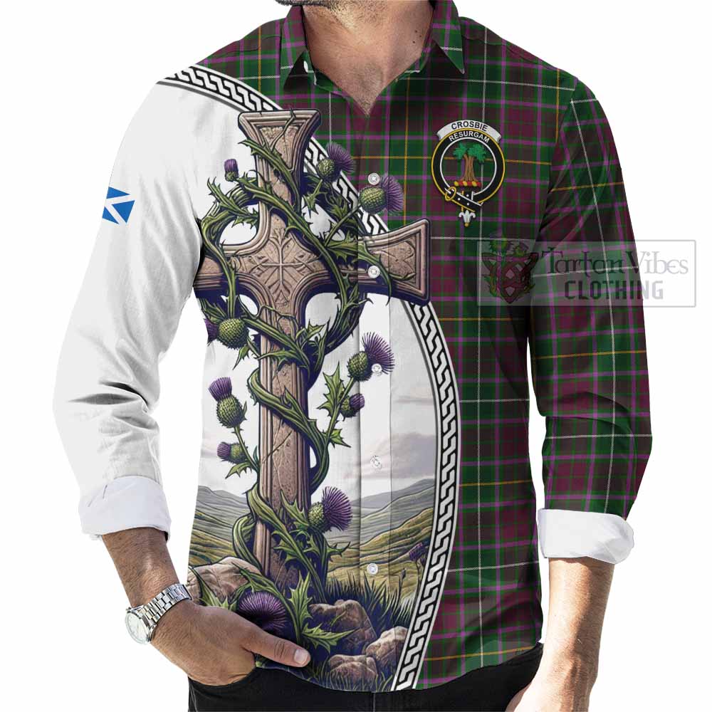 Tartan Vibes Clothing Crosbie Tartan Long Sleeve Button Shirt with Family Crest and St. Andrew's Cross Accented by Thistle Vines