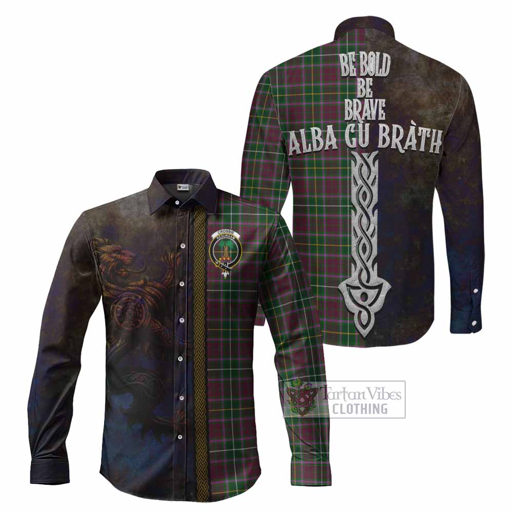 Tartan Vibes Clothing Crosbie Tartan Family Crest Long Sleeve Button Shirt Alba Gu Brath Be Brave Lion Ancient Style