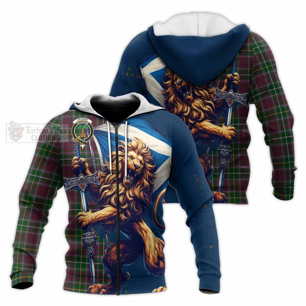 Tartan Vibes Clothing Crosbie Tartan Family Crest Knitted Hoodie with Scottish Majestic Lion