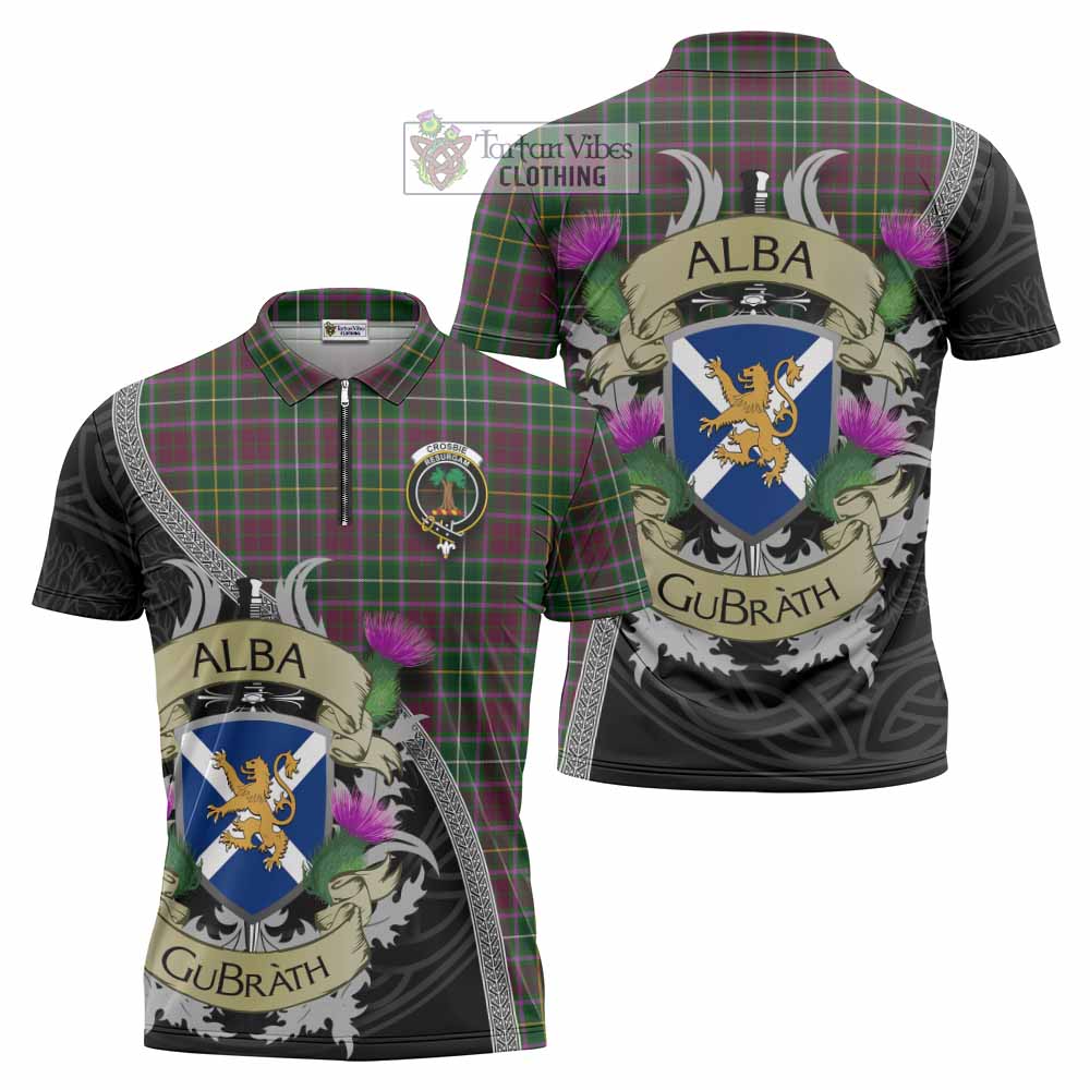 Tartan Vibes Clothing Crosbie Tartan Family Crest Zipper Polo Shirt Lion Rampant Royal Thistle Shield Celtic Inspired