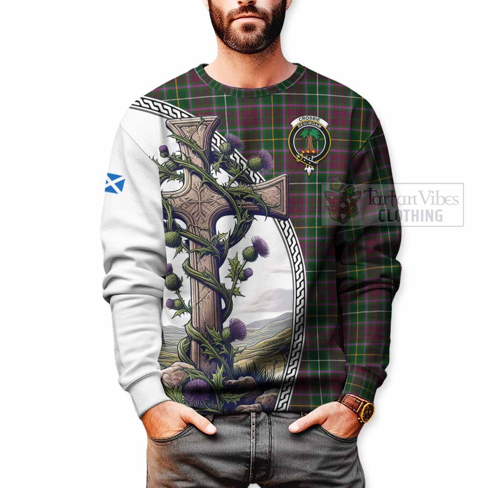 Tartan Vibes Clothing Crosbie Tartan Sweatshirt with Family Crest and St. Andrew's Cross Accented by Thistle Vines
