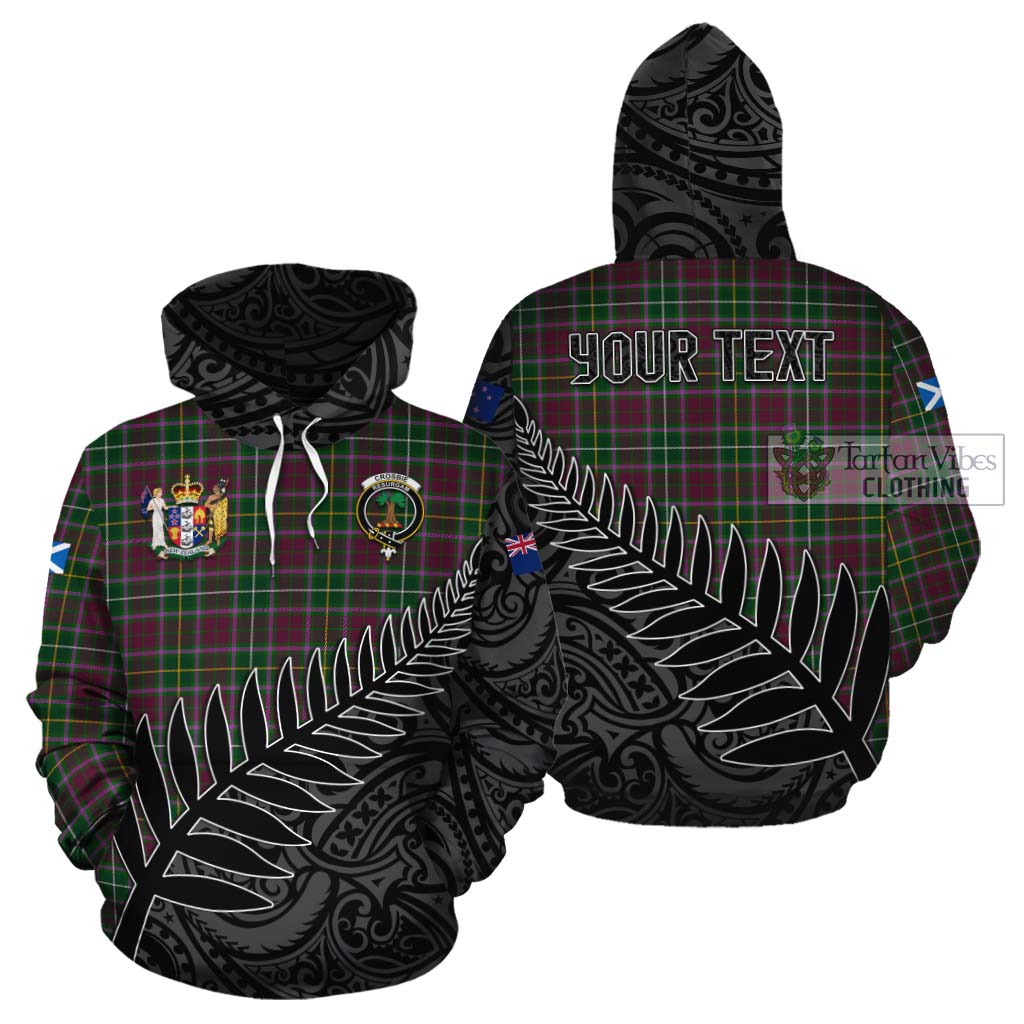 Tartan Vibes Clothing Crosbie Crest Tartan Cotton Hoodie with New Zealand Silver Fern Half Style