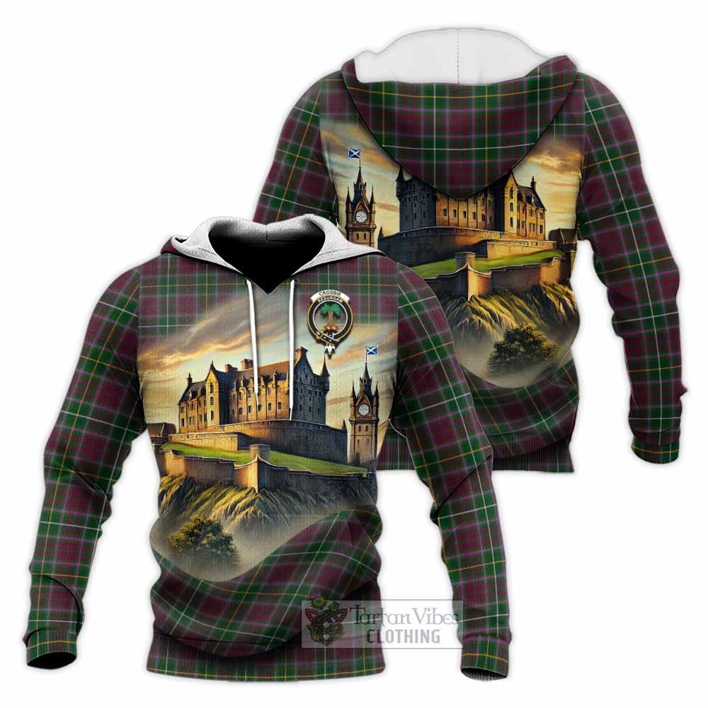 Tartan Vibes Clothing Crosbie Tartan Family Crest Knitted Hoodie with Scottish Ancient Castle Style