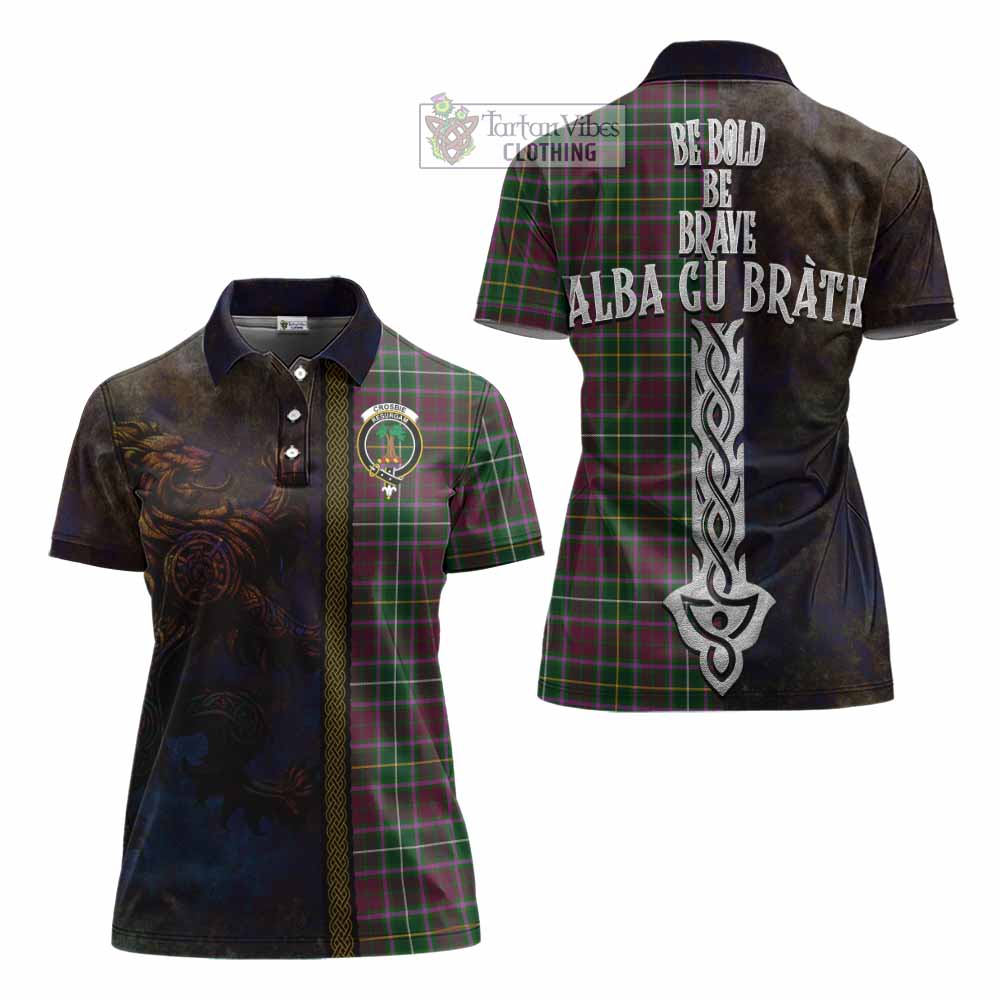 Tartan Vibes Clothing Crosbie Tartan Family Crest Women's Polo Shirt Alba Gu Brath Be Brave Lion Ancient Style