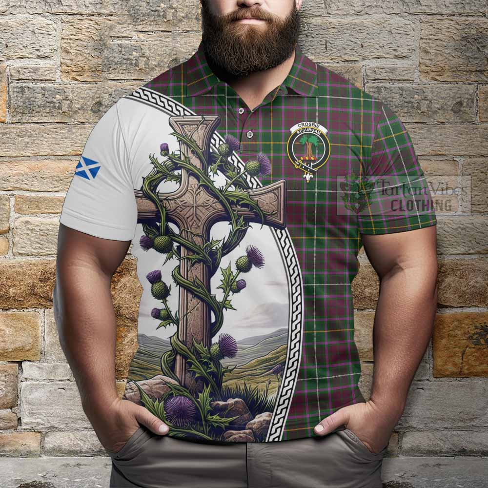 Tartan Vibes Clothing Crosbie Tartan Polo Shirt with Family Crest and St. Andrew's Cross Accented by Thistle Vines