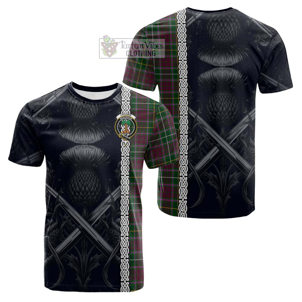 Tartan Vibes Clothing Crosbie Tartan Cotton T-shirt with Family Crest Cross Sword Thistle Celtic Vibes