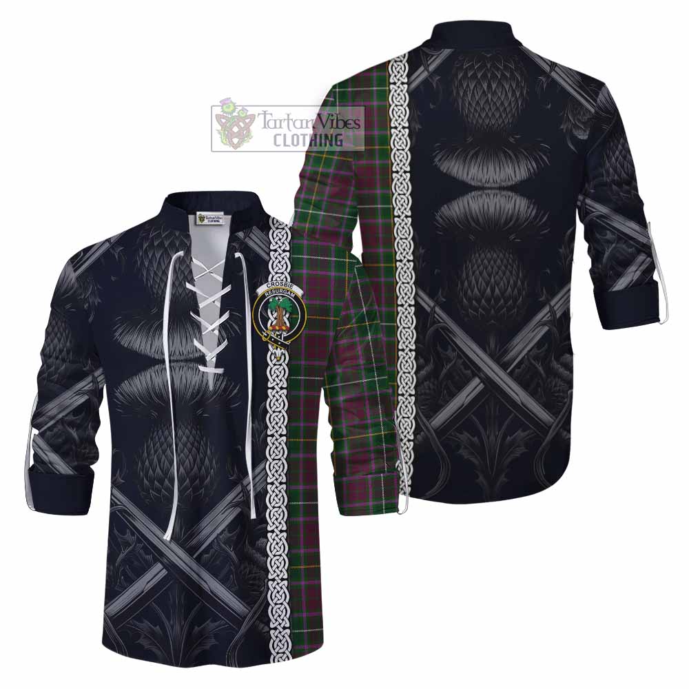 Tartan Vibes Clothing Crosbie Tartan Ghillie Kilt Shirt with Family Crest Cross Sword Thistle Celtic Vibes