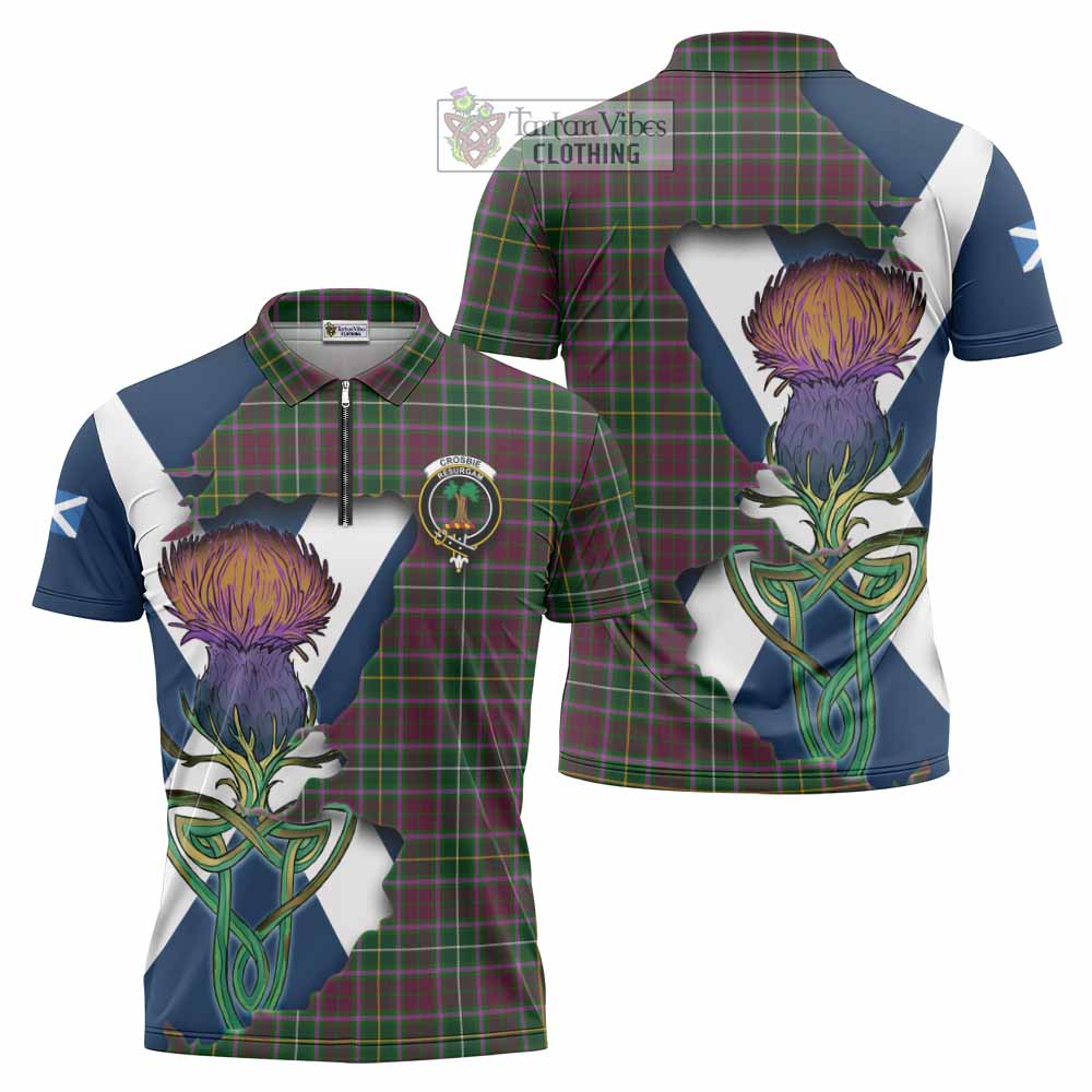 Tartan Vibes Clothing Crosbie Tartan Family Crest Zipper Polo Shirt Scottish Thistle Celtic Inspired
