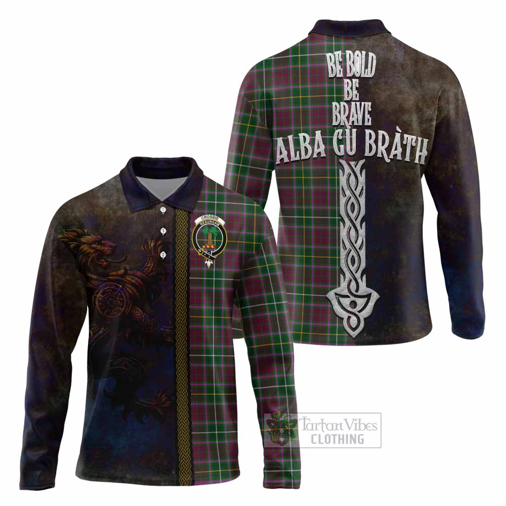 Tartan Vibes Clothing Crosbie Tartan Family Crest Long Sleeve Polo Shirt Alba Gu Brath Be Brave Lion Ancient Style