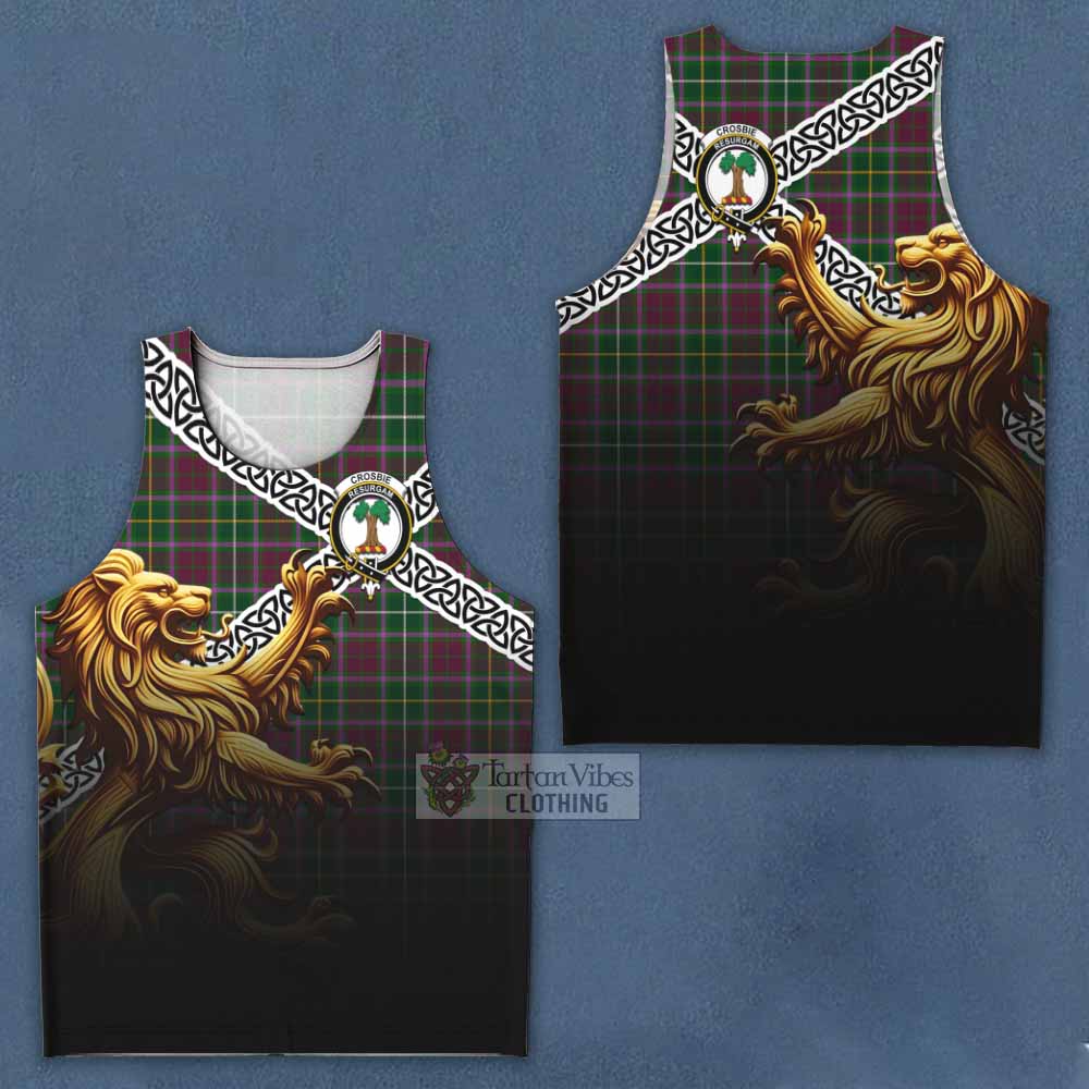 Tartan Vibes Clothing Crosbie Crest Tartan Men's Tank Top with Golden Lion Emblem Celtic Style