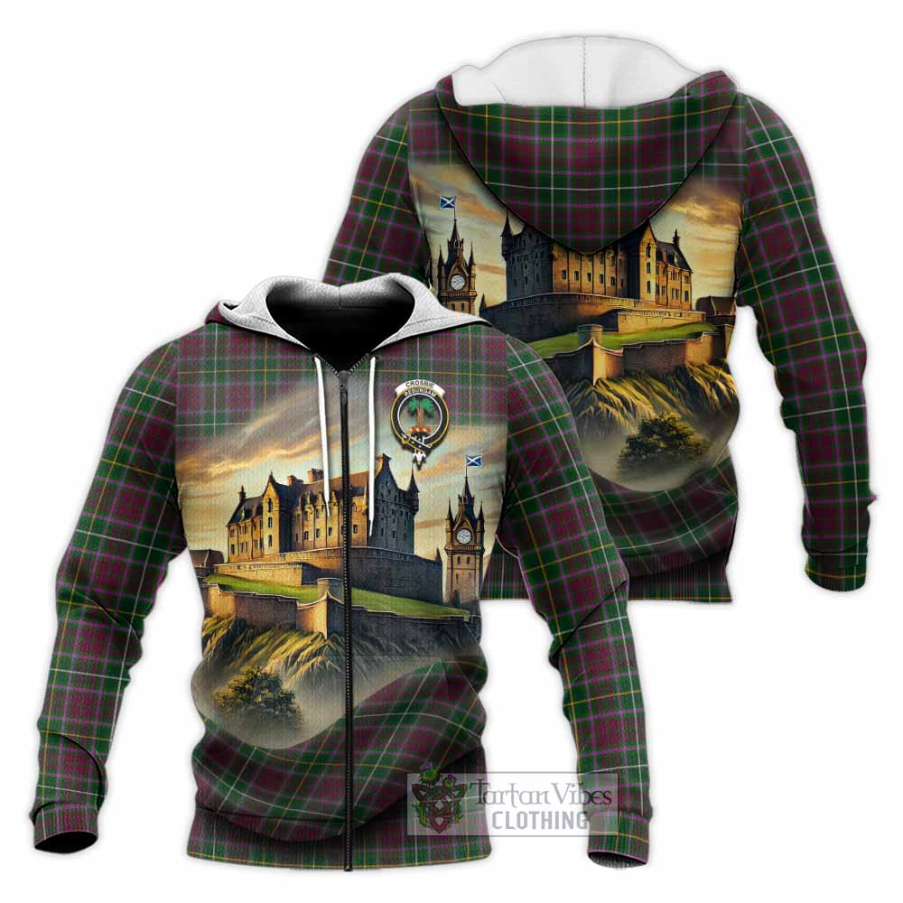 Tartan Vibes Clothing Crosbie Tartan Family Crest Knitted Hoodie with Scottish Ancient Castle Style