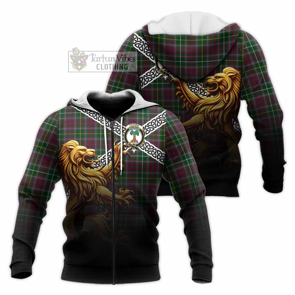 Tartan Vibes Clothing Crosbie Crest Tartan Knitted Hoodie with Golden Lion Emblem Celtic Style