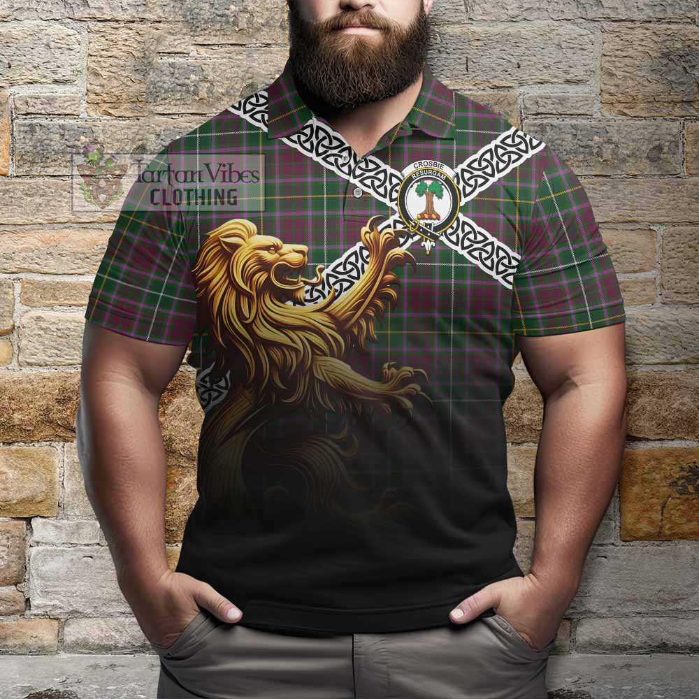 Crosbie Crest Tartan Polo Shirt with Golden Lion Emblem Celtic Style - Tartan Vibes Clothing