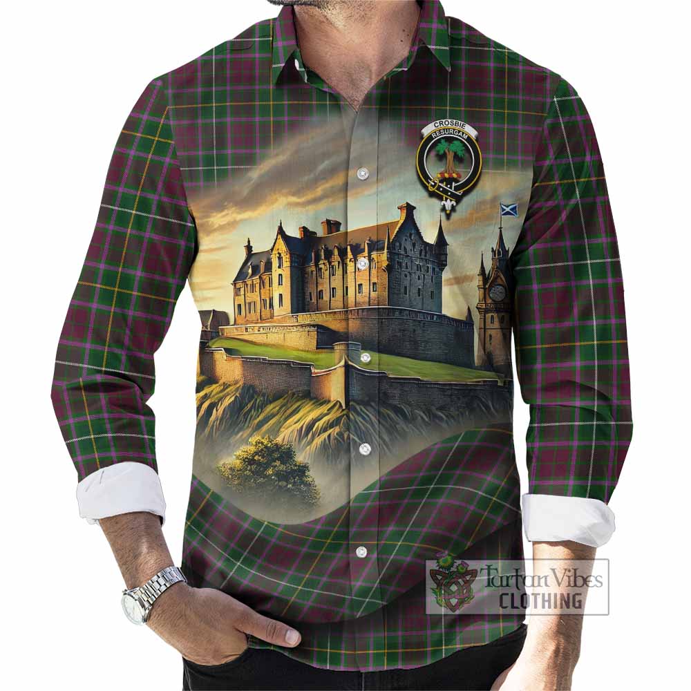 Tartan Vibes Clothing Crosbie Tartan Family Crest Long Sleeve Button Shirt with Scottish Ancient Castle Style