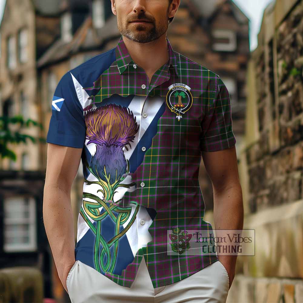 Tartan Vibes Clothing Crosbie Tartan Family Crest Short Sleeve Button Shirt Scottish Thistle Celtic Inspired