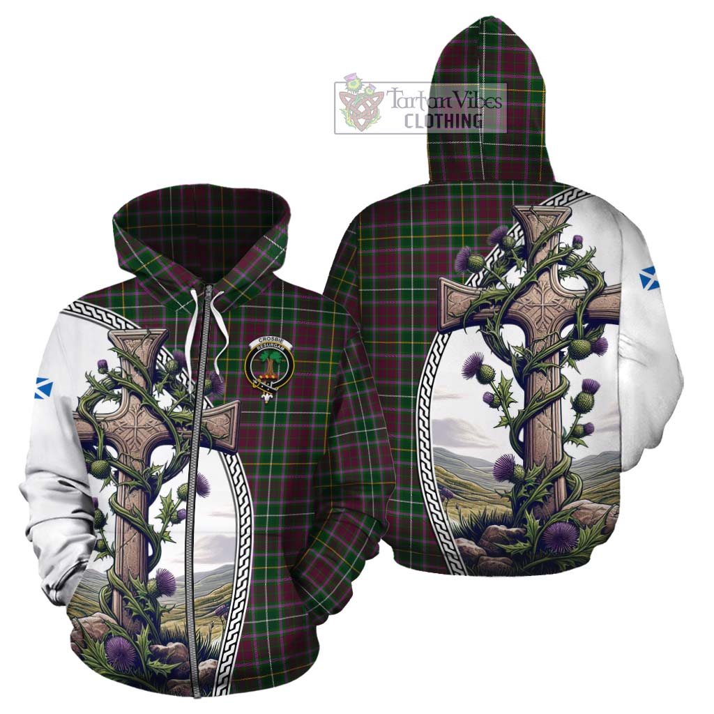 Tartan Vibes Clothing Crosbie Tartan Cotton Hoodie with Family Crest and St. Andrew's Cross Accented by Thistle Vines