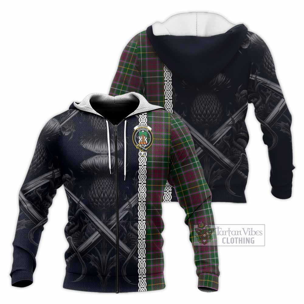 Tartan Vibes Clothing Crosbie Tartan Knitted Hoodie with Family Crest Cross Sword Thistle Celtic Vibes