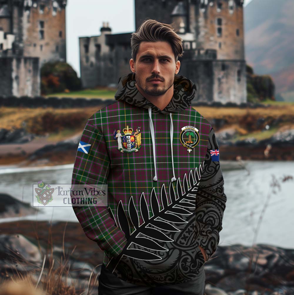 Tartan Vibes Clothing Crosbie Crest Tartan Cotton Hoodie with New Zealand Silver Fern Half Style