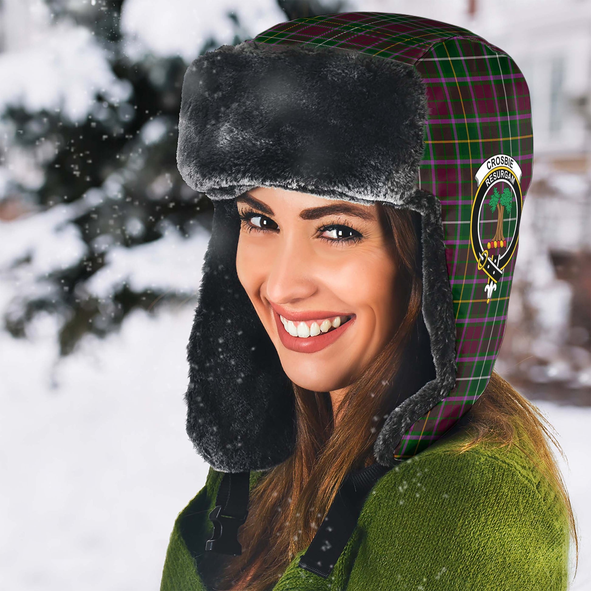 Crosbie Tartan Winter Trapper Hat with Family Crest - Tartan Vibes Clothing
