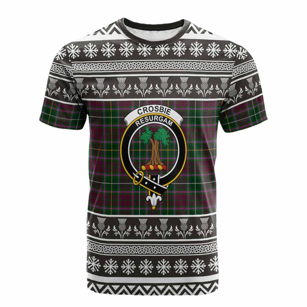 Crosbie Clan Tartan Christmas Cotton T-shirt with Family Crest - Tartan Vibes Clothing