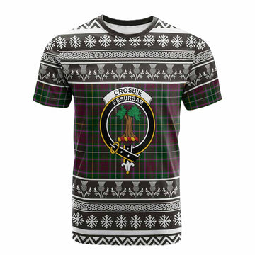 Crosbie Clan Tartan Christmas Cotton T-shirt with Family Crest