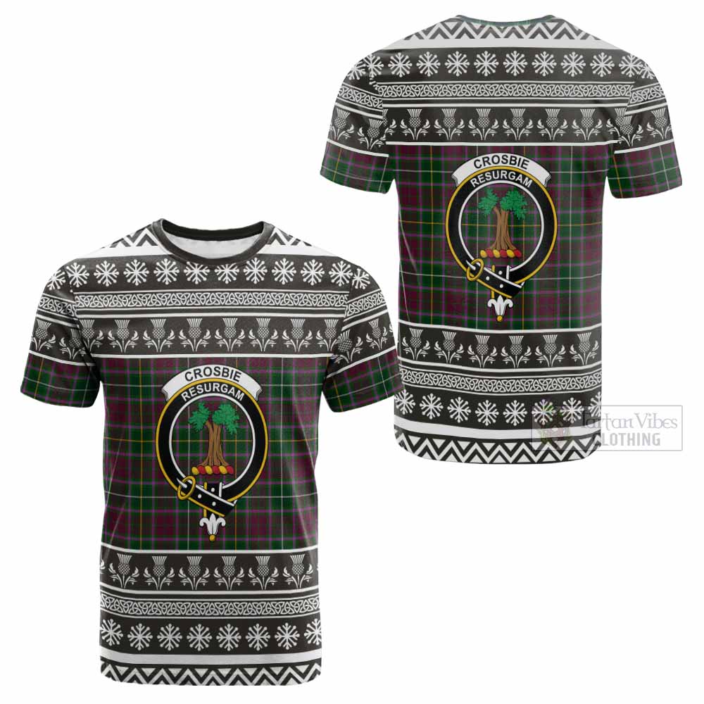 Crosbie Clan Tartan Christmas Cotton T-shirt with Family Crest - Tartan Vibes Clothing