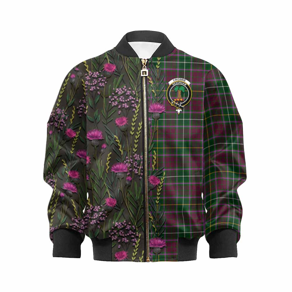 Crosbie Family Crest Tartan Kid Bomber Jacket Scottish Thistle Flower Pattern Half Style - Tartan Vibes Clothing