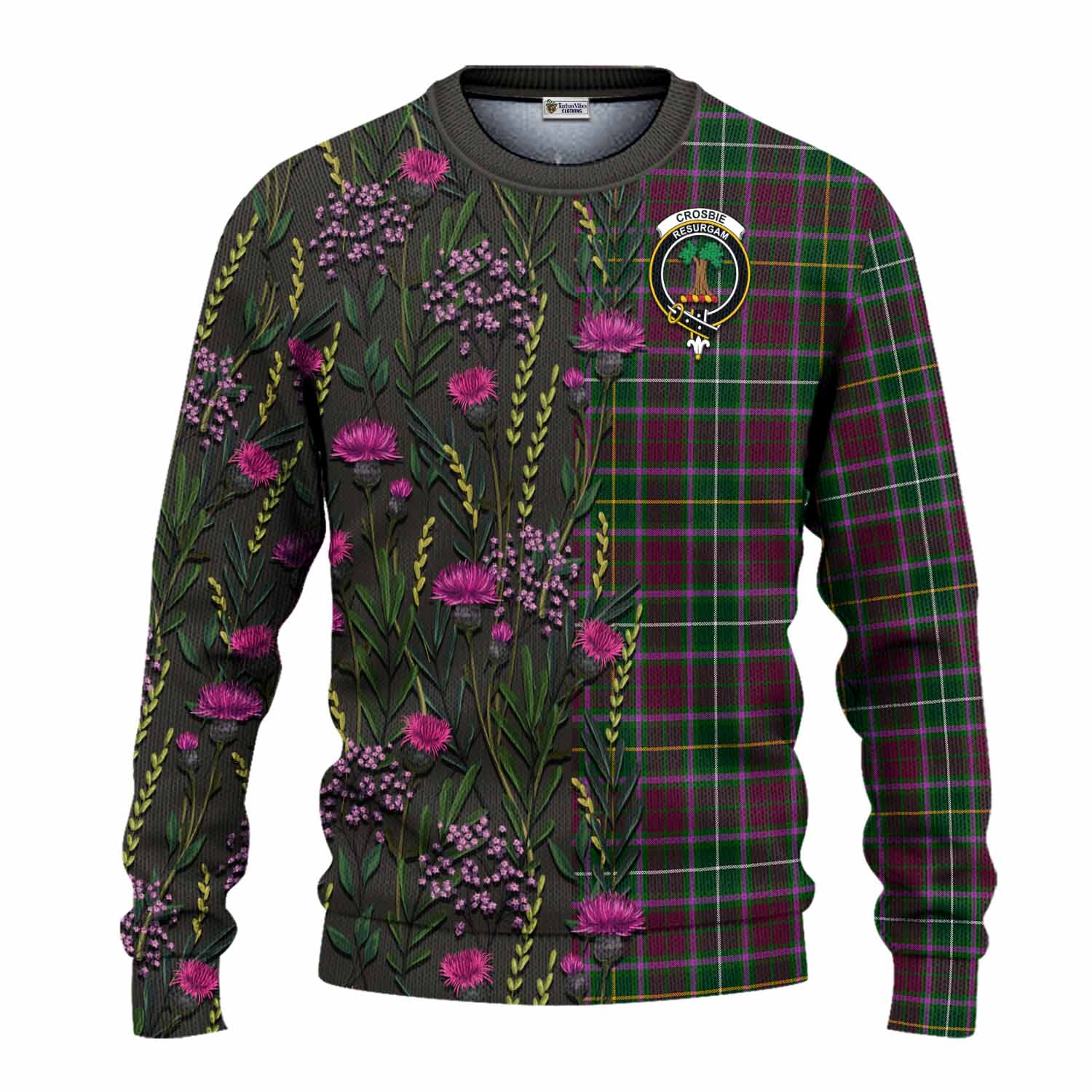 Crosbie Family Crest Tartan Knitted Sweater Scottish Thistle Flower Pattern Half Style - Tartan Vibes Clothing