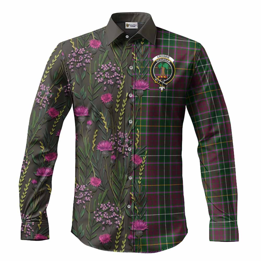 Crosbie Family Crest Tartan Long Sleeve Button Shirts Scottish Thistle Flower Pattern Half Style - Tartan Vibes Clothing