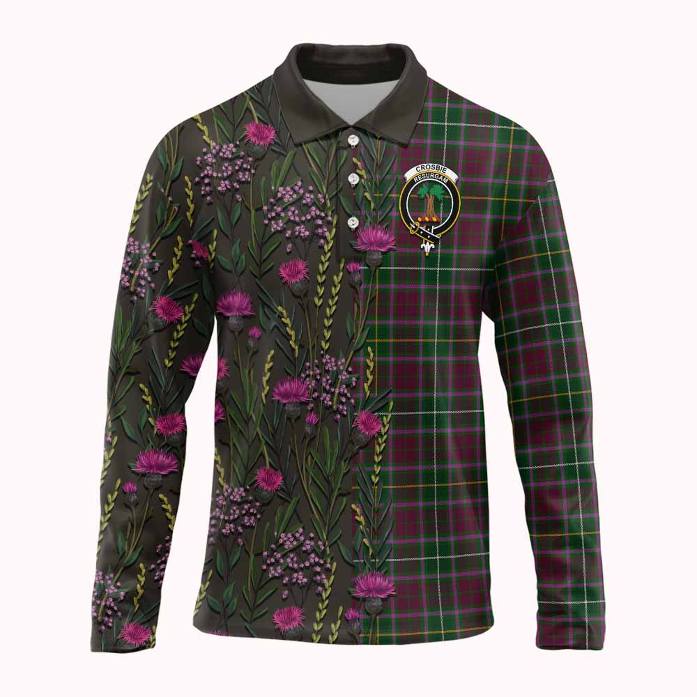 Crosbie Family Crest Tartan Long Sleeve Polo Shirt Scottish Thistle Flower Pattern Half Style - Tartan Vibes Clothing