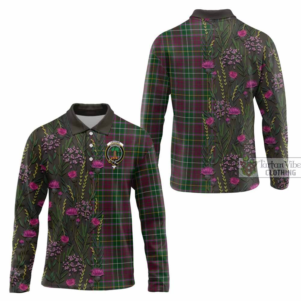 Crosbie Family Crest Tartan Long Sleeve Polo Shirt Scottish Thistle Flower Pattern Half Style - Tartan Vibes Clothing