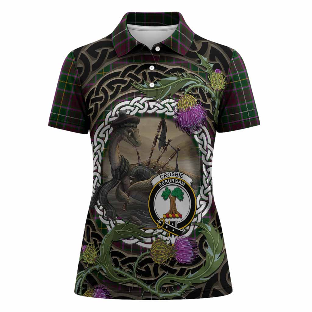 Crosbie Tartan Crest Bagpipe Nessie Women Polo Shirt Scottish Loch Ness Monster Celtic Thistle