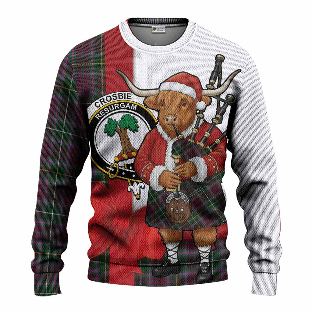 Crosbie Tartan Crest Christmas Christmas Ugly Sweater Highland Cow Bagpipes Coquette Bow Style