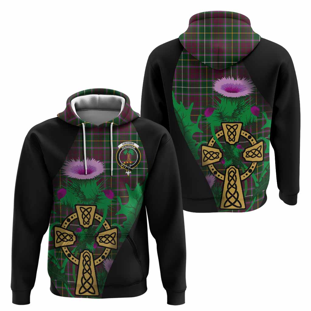 Crosbie Tartan Crest Hoodie Celtic Cross Thistle Flowers