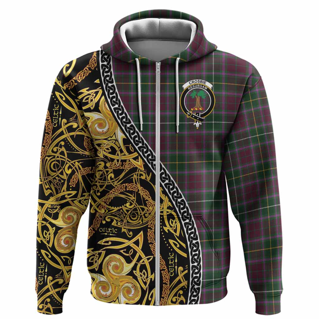 Crosbie Tartan Crest Hoodie Celtic Knot and Triple Trickle Spiral Symbols