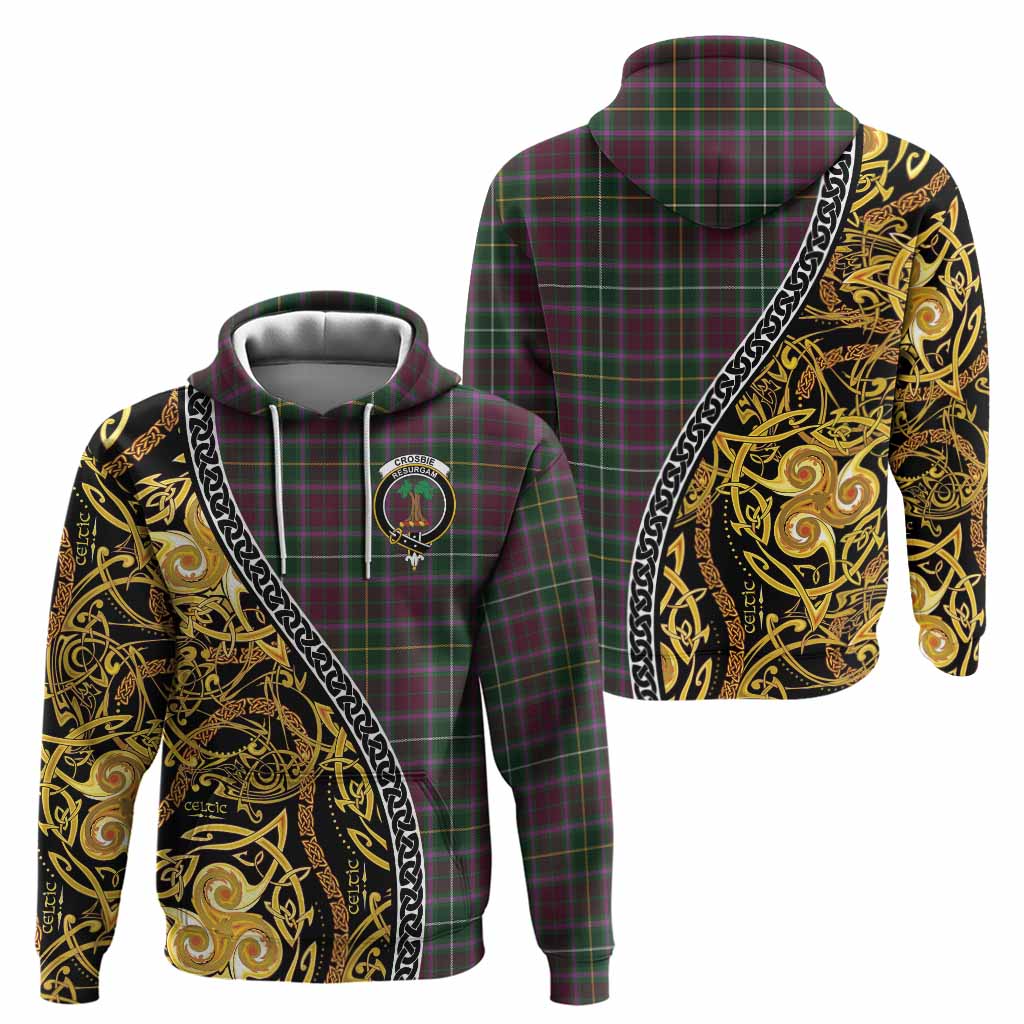 Crosbie Tartan Crest Hoodie Celtic Knot and Triple Trickle Spiral Symbols