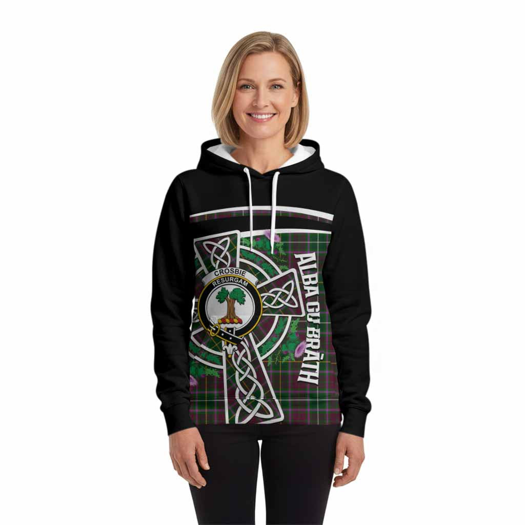 Crosbie Tartan Crest Hoodie Scottish Thistle Celtic Cross Alba Gu Brath