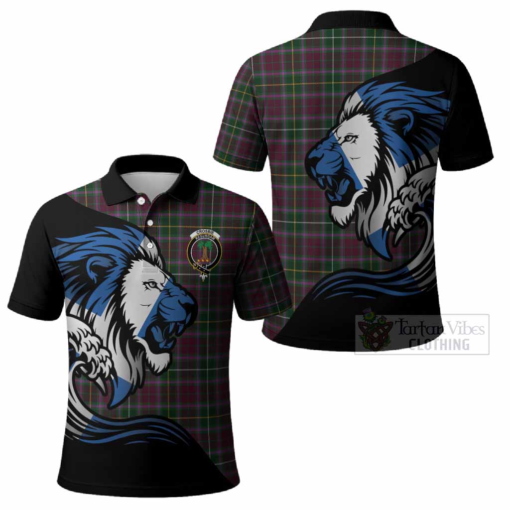 Crosbie Tartan Crest Polo Shirt Scottish Golden Lions Wave Flow