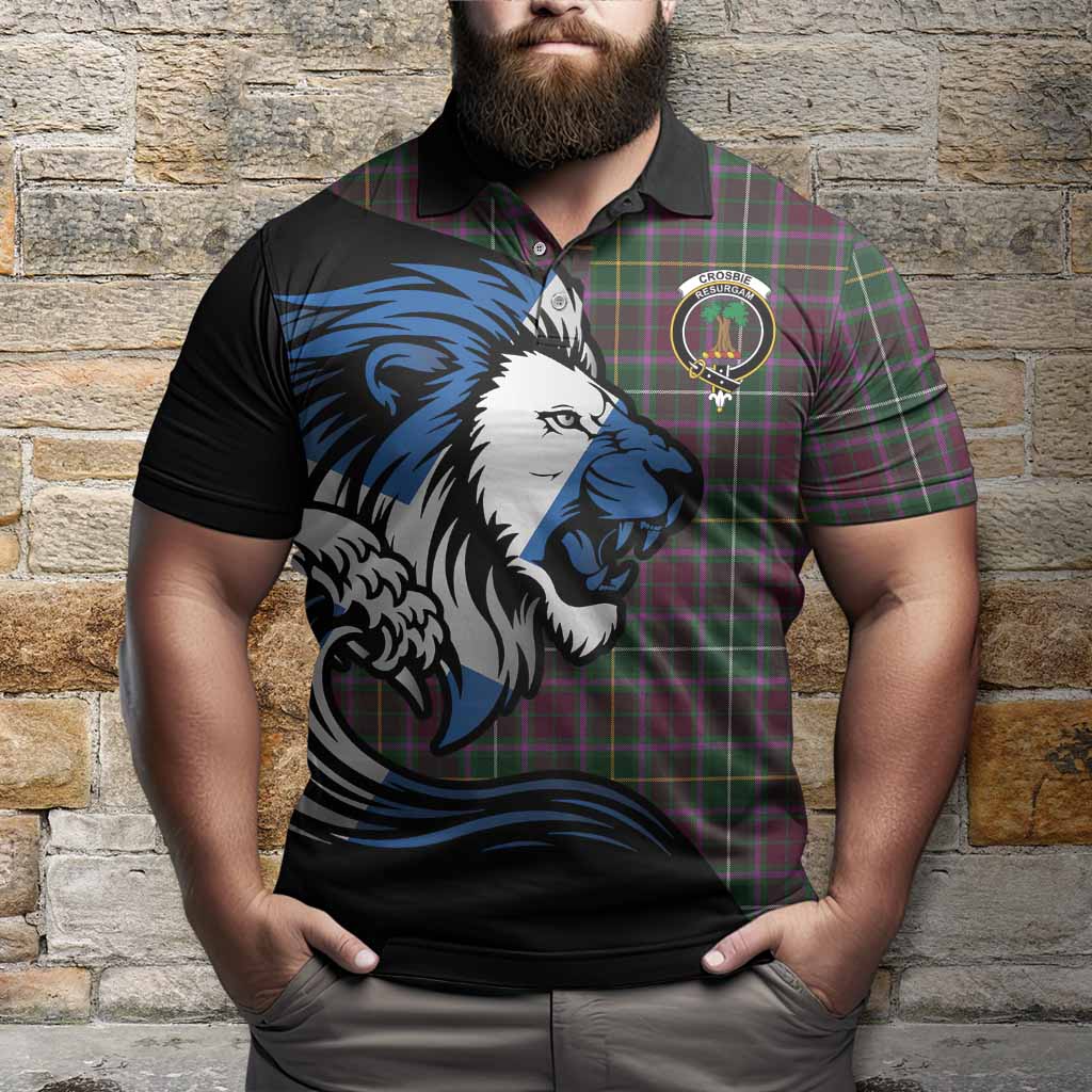 Crosbie Tartan Crest Polo Shirt Scottish Golden Lions Wave Flow