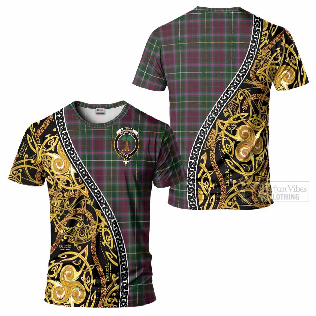 Crosbie Tartan Crest T-Shirt Celtic Knot and Triple Trickle Spiral Symbols