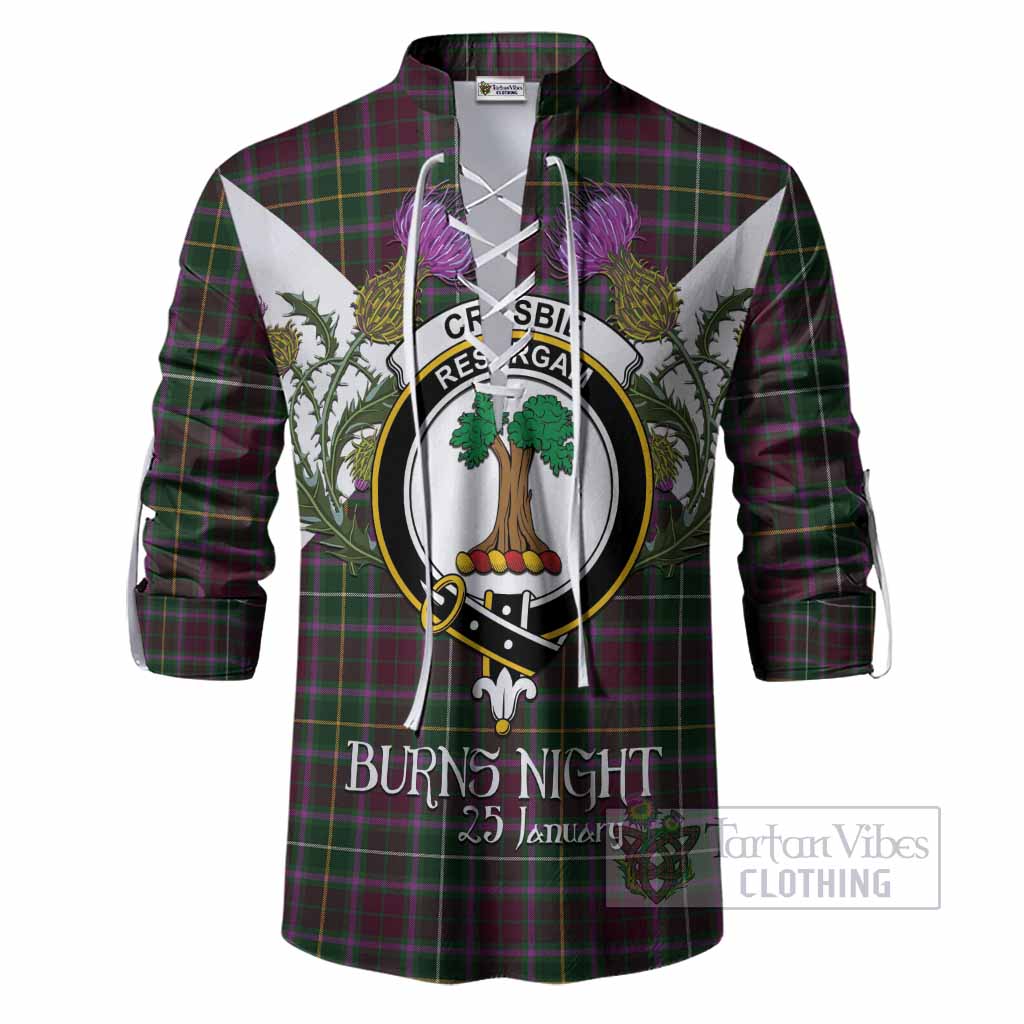 Crosbie Tartan Family Crest Ghillie Shirt Scottish Burns Night Thistle Floral