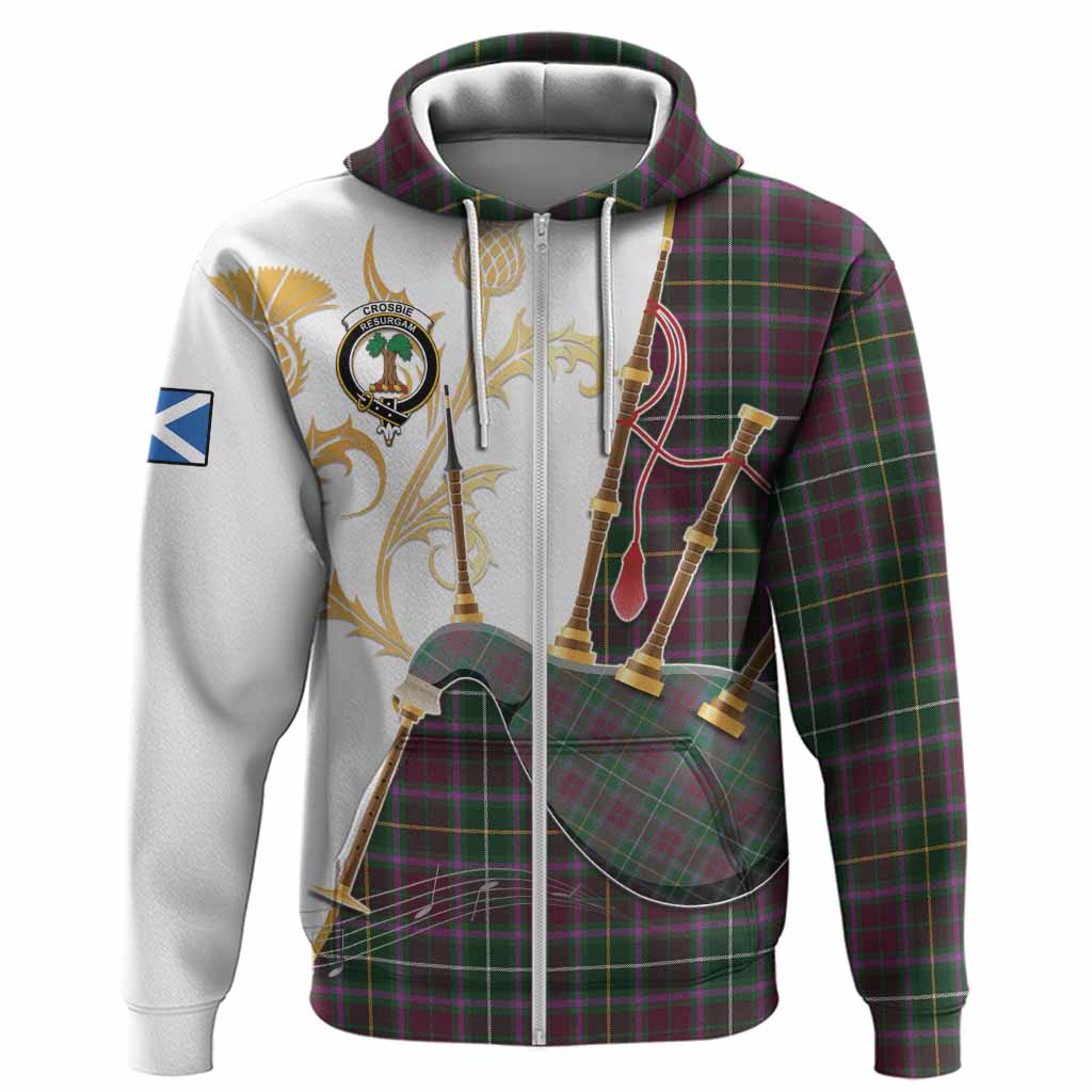 Crosbie Tartan Family Crest Hoodie Bagpipes with Scottish Thistle