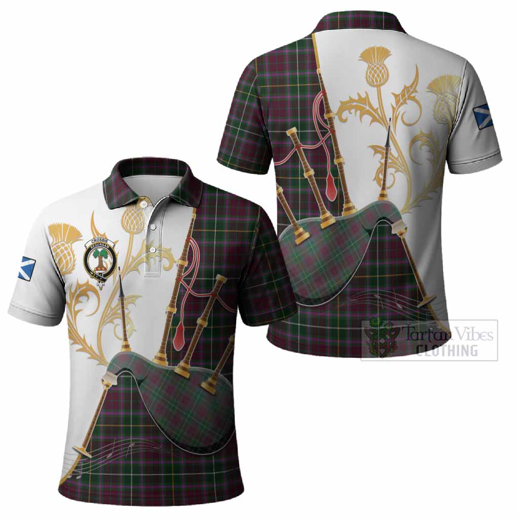 Crosbie Tartan Family Crest Polo Shirt Bagpipes with Scottish Thistle