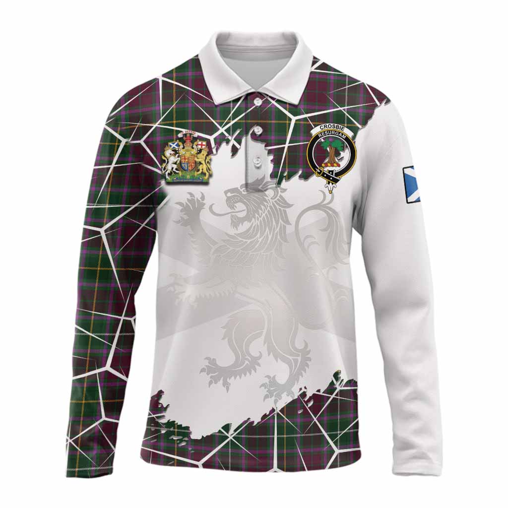Crosbie Tartan Long Sleeve Polo Shirt with Family Crest and Lion Rampant Grunge Style