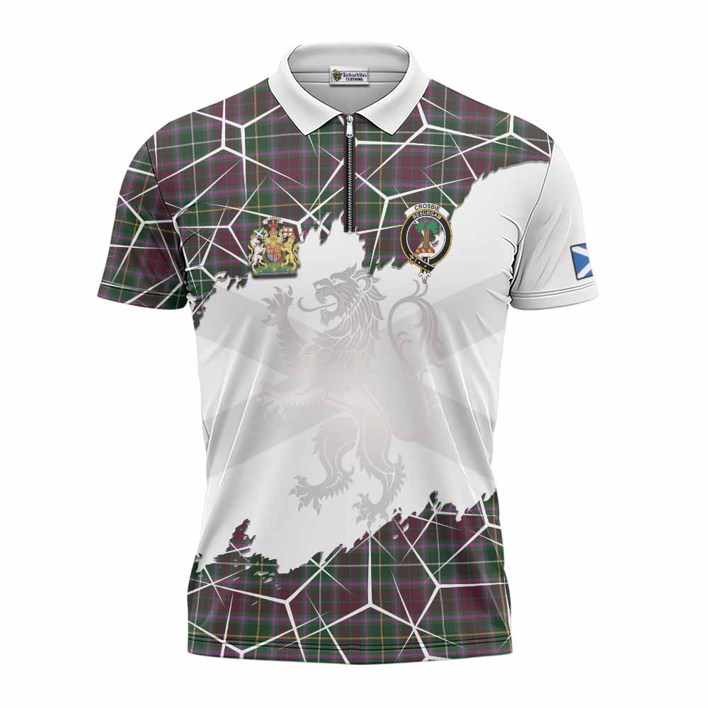 Crosbie Tartan Zipper Polo Shirt with Family Crest and Lion Rampant Grunge Style