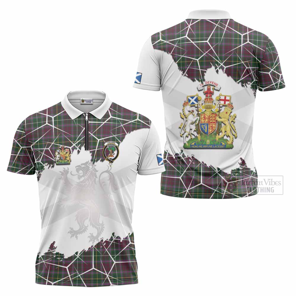 Crosbie Tartan Zipper Polo Shirt with Family Crest and Lion Rampant Grunge Style
