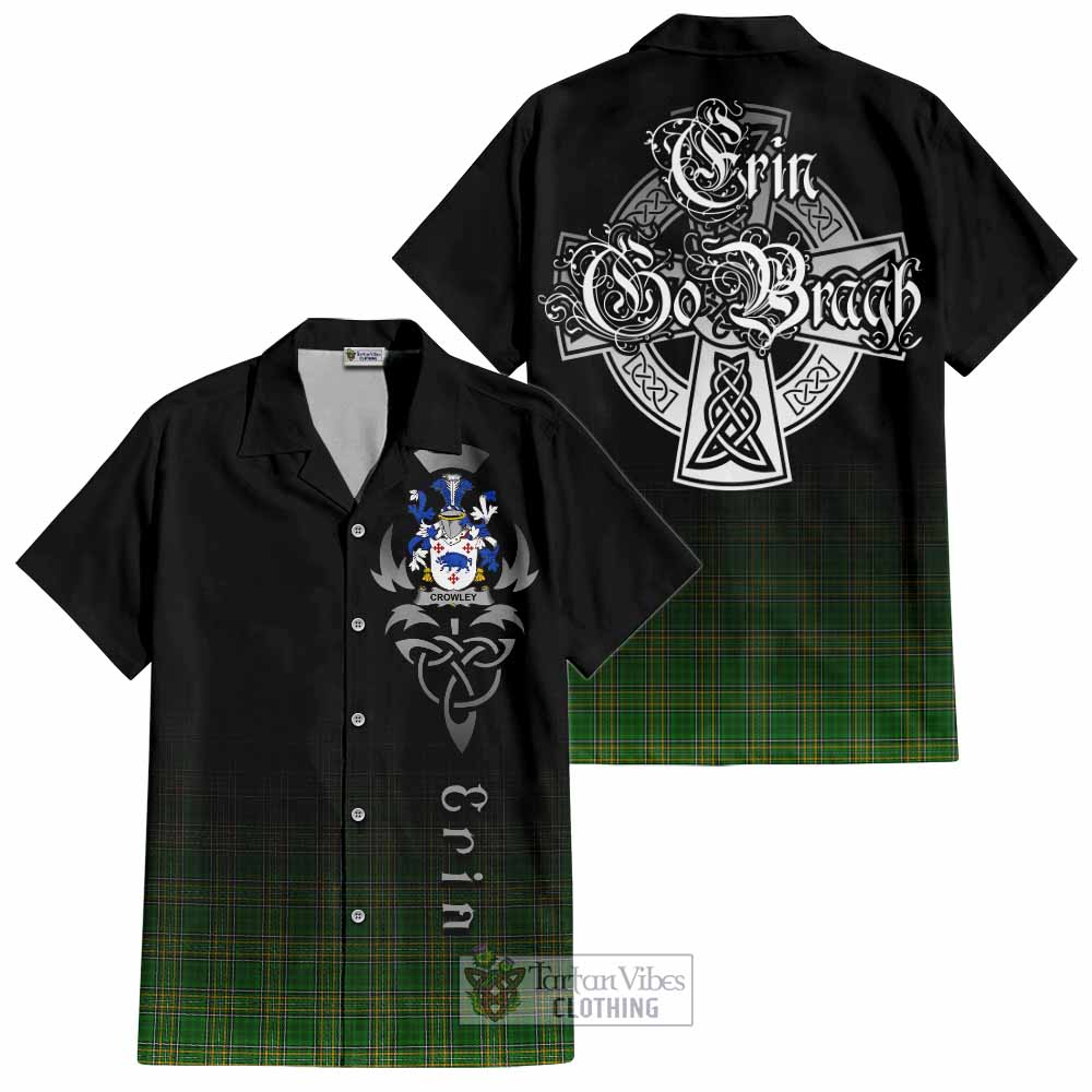 Tartan Vibes Clothing Crowley Irish Clan Short Sleeve Button Shirt with Coat of Arms Erin Go Bragh Celtic Inspired