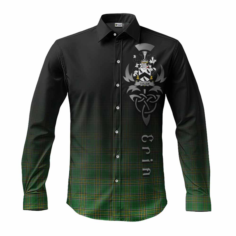 Tartan Vibes Clothing Cullen Irish Clan Long Sleeve Button Shirt with Coat of Arms Erin Go Bragh Celtic Inspired